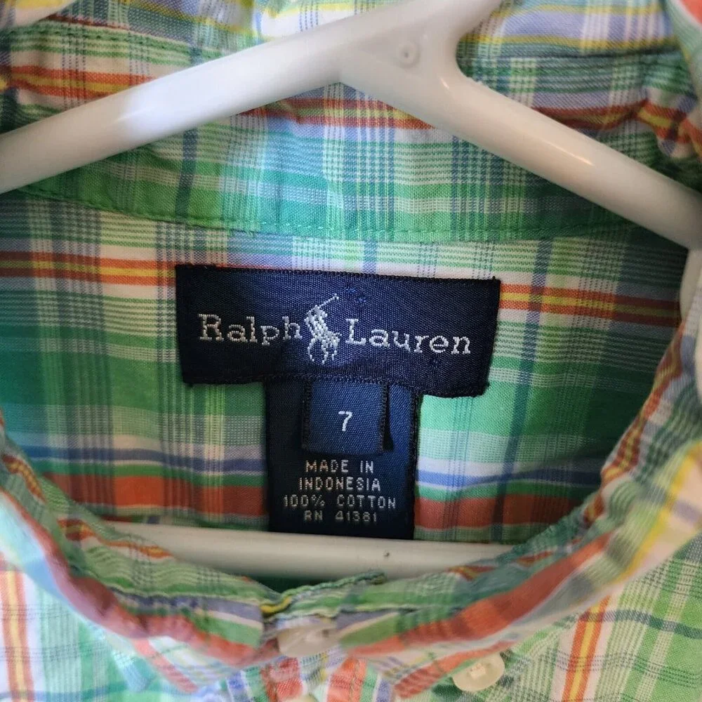 Ralph Lauren Green Plaid Short Sleeve‎ Button Down Pony Logo Shirt Youth Size 7